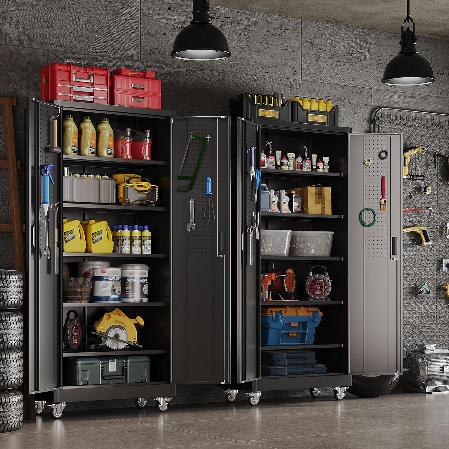 Aobabo 73''H Metal Garage Storage Cabinet with Wheels,Steel Cabinets with 2 Doors and 4 Adjustable Shelves for Home Office,Required Assembly,Black
