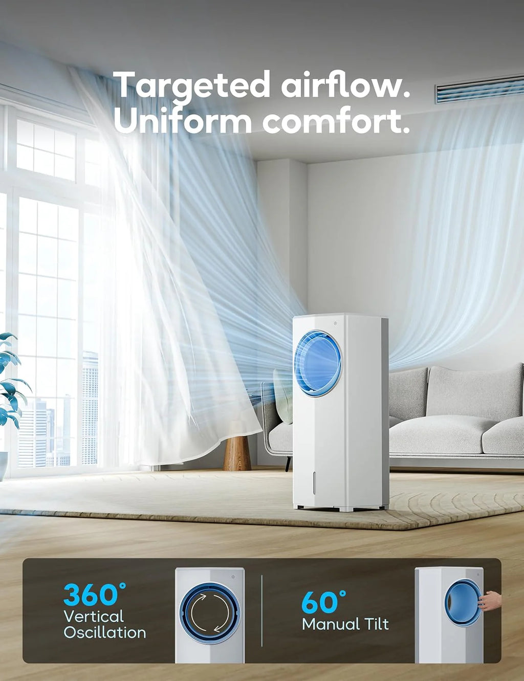 Windowless Portable Air Conditioner, 26.3" Small Evaporative Air Cooler for Room No Window, 3-Speed Settings, 4 Modes, 7H Timer, Remote Control, 4 Ice Packs, Quiet AC Unit for Bedroom