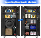 Aobabo 73''H Metal Garage Storage Cabinet with Wheels,Steel Cabinets with 2 Doors and 4 Adjustable Shelves for Home Office,Required Assembly,Black