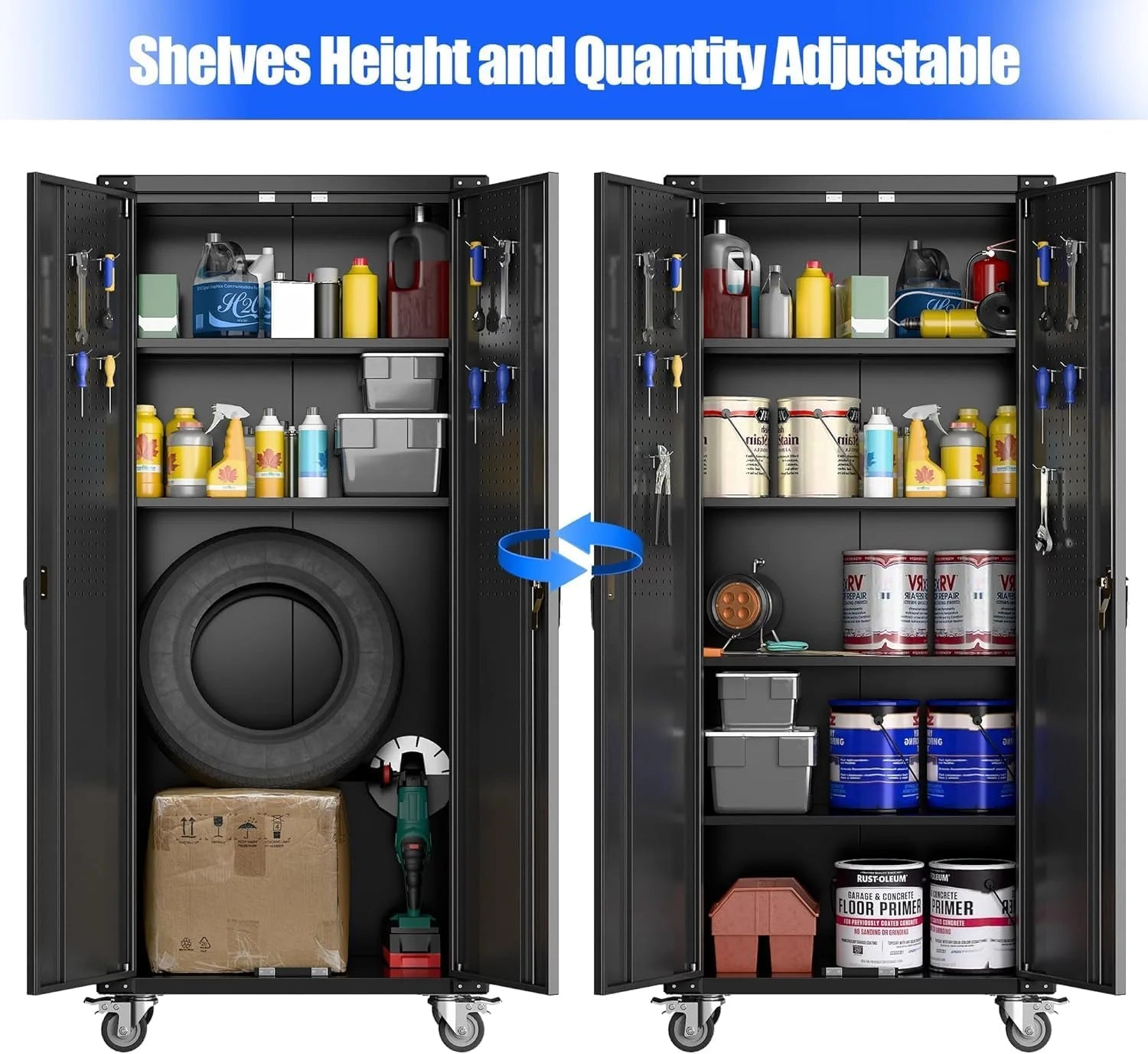 Aobabo 73''H Metal Garage Storage Cabinet with Wheels,Steel Cabinets with 2 Doors and 4 Adjustable Shelves for Home Office,Required Assembly,Black