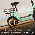 iScooter electric scooter with seat, 37/21 mile range, 28/19/15.6 mph top speed, dual suspension scooter with basket