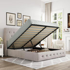 Allewie Queen Size Lift Up Storage Bed, Modern Wingback Headboard, Hydraulic Support, No Box Spring Needed, Light Beige