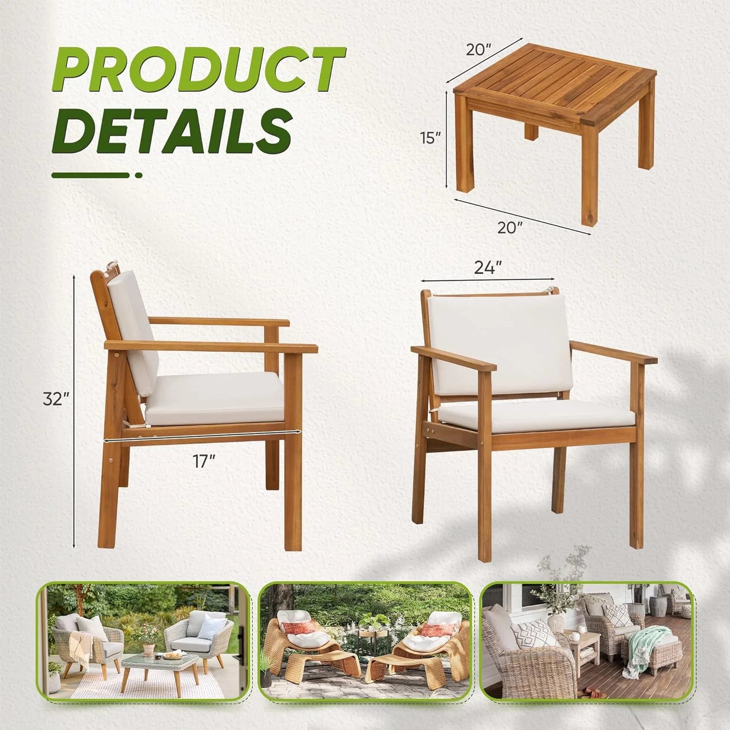 Flamaker Patio Furniture 4 Piece Outdoor Acacia Wood Patio Conversation Sofa Set with Table & Cushions Porch Furniture for Deck, Balcony, Backyard
