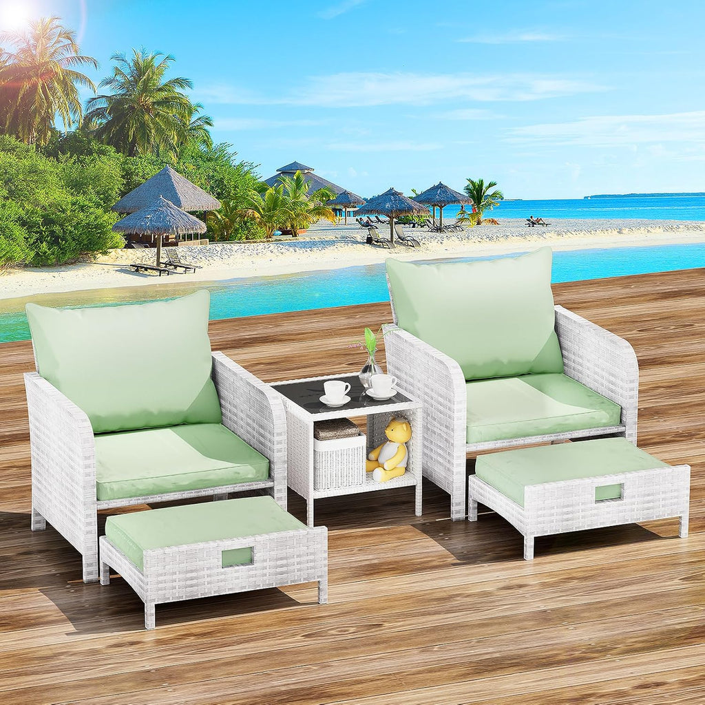 LEVELEVE Balcony Furniture 5 Piece Patio Conversation Set, PE Wicker Rattan Outdoor Lounge Chairs with Soft Cushions 2 Ottoman&Glass Table for Porch, Lawn-Brown Wicker