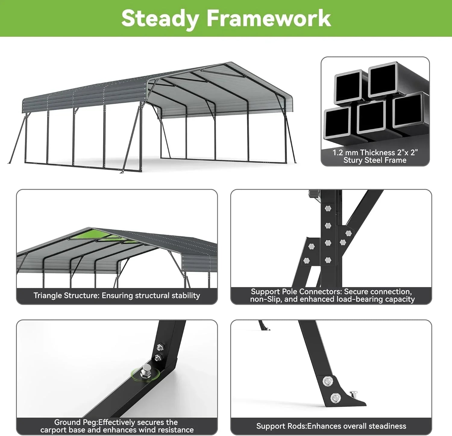 10'x15' Heavy Duty Metal Carport Outdoor Garage Car Shelter Shade with Heavier Frame