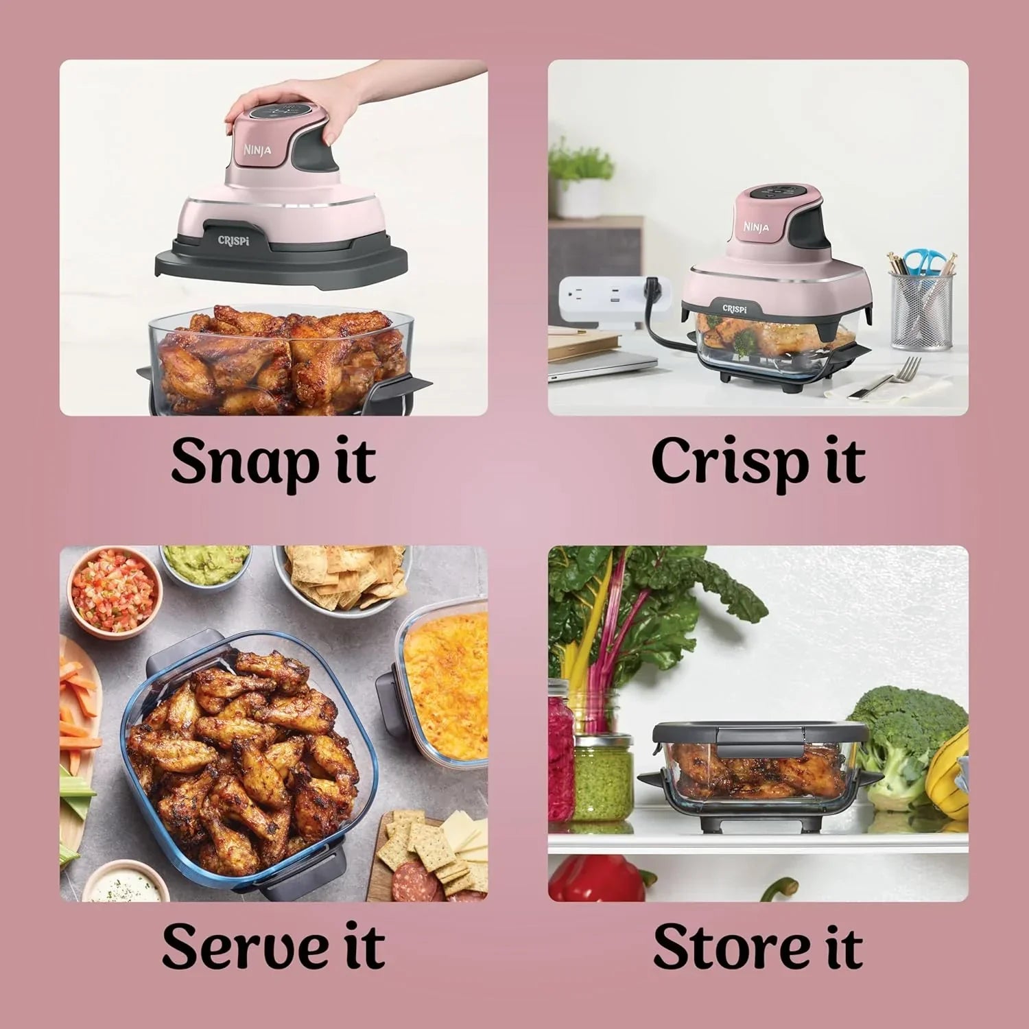 Ninja Crispi 4 in 1 Portable Glass Air Fryer Cooking System 4QT 6 Cup TempWare Glass Containers