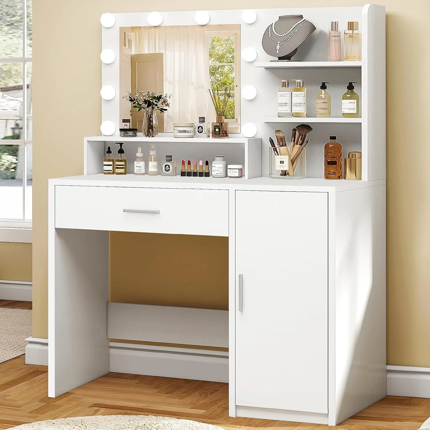 Quimoo Large Vanity Desk with LED Lighted Mirror & Power Outlet,Makeup Vanity Table