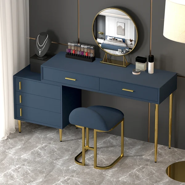 Modern Blue Makeup Vanity Set Retracted Dressing Table Cabinet&amp;Stool&amp;Mirror Included