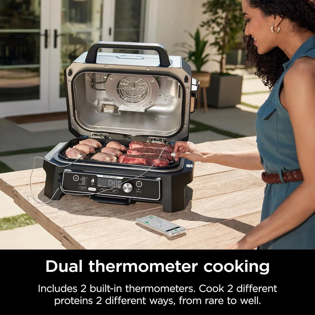 Premium XL Outdoor Grill & Smoker, Bluetooth, App Enabled, 7-in-1 Master Grill, BBQ Smoker, Outdoor Air Fryer, Woodfire Technology, 2 Built-In Thermometers, Black