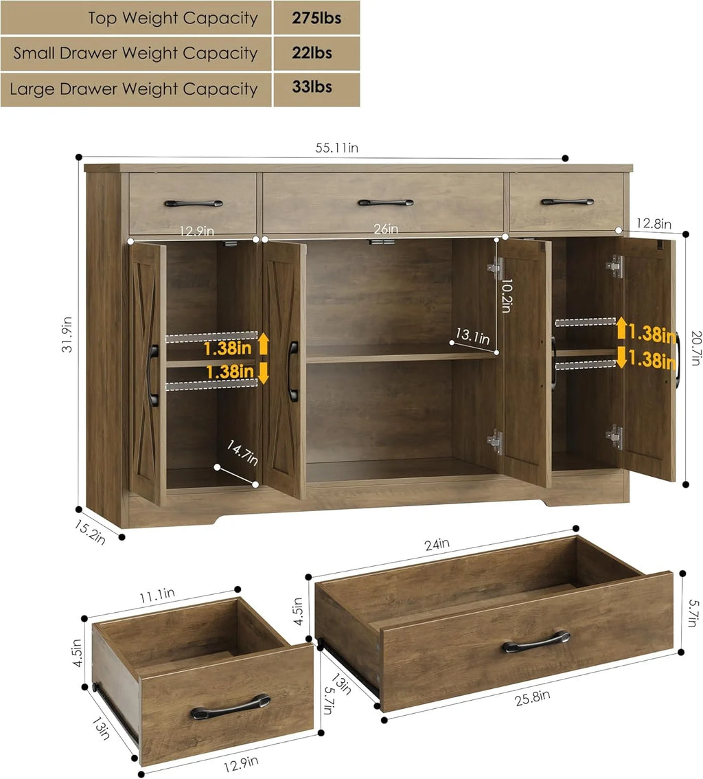 HOSTACK Buffet Cabinet with Drawers, 55" Large Sideboard Buffet Storage Cabinet with Shelves and Doors, Modern Farmhouse Coffee Bar Station Wood Kitchen Table for Kitchen, Dining Room, White/Rustic