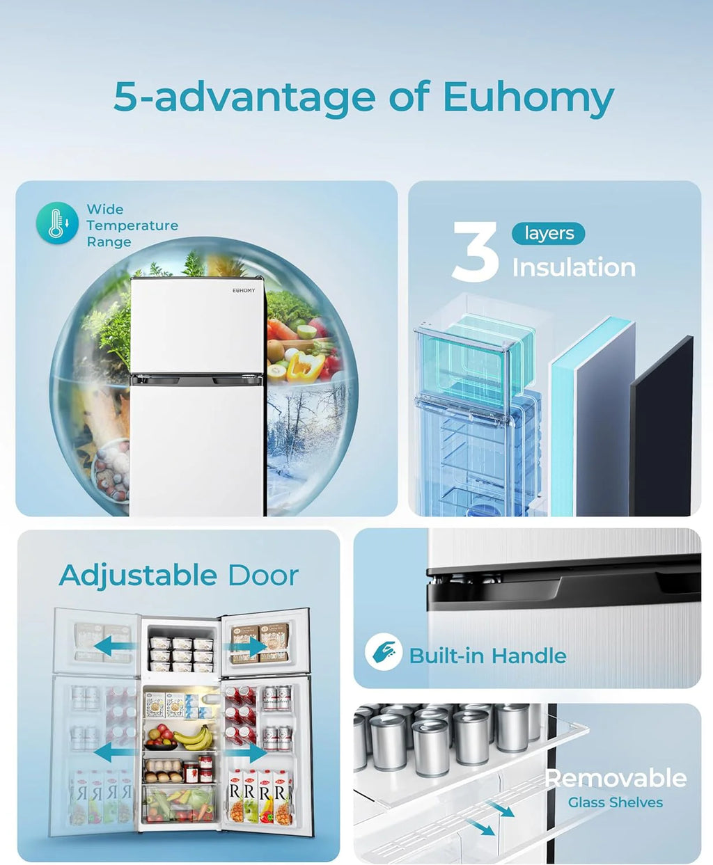 EUHOMY 3.2 Cu.Ft Mini Fridge with Freezer ?C 2-Door Compact Refrigerator for Bedroom, Dorm, Office or Apartment, Silver