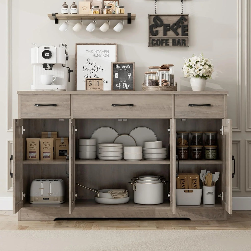 HOSTACK Buffet Cabinet with Drawers, 55" Large Sideboard Buffet Storage Cabinet with Shelves and Doors, Modern Farmhouse Coffee Bar Station Wood Kitchen Table for Kitchen, Dining Room, White/Rustic