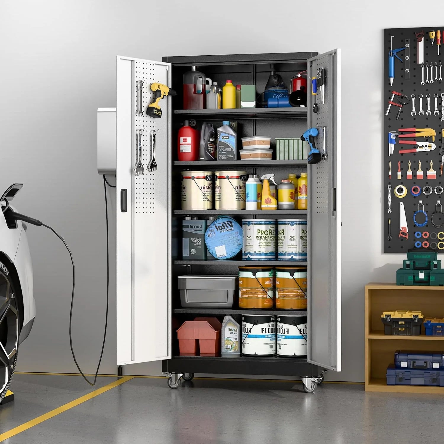 Aobabo 73''H Metal Garage Storage Cabinet with Wheels,Steel Cabinets with 2 Doors and 4 Adjustable Shelves for Home Office,Required Assembly,Black
