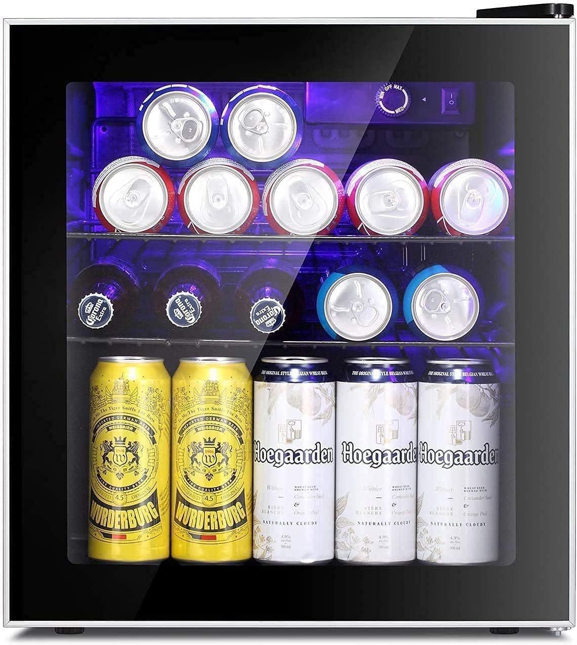 Compact Glass Door Bar Fridge 46L, Freestanding Beverage Cooler in Black