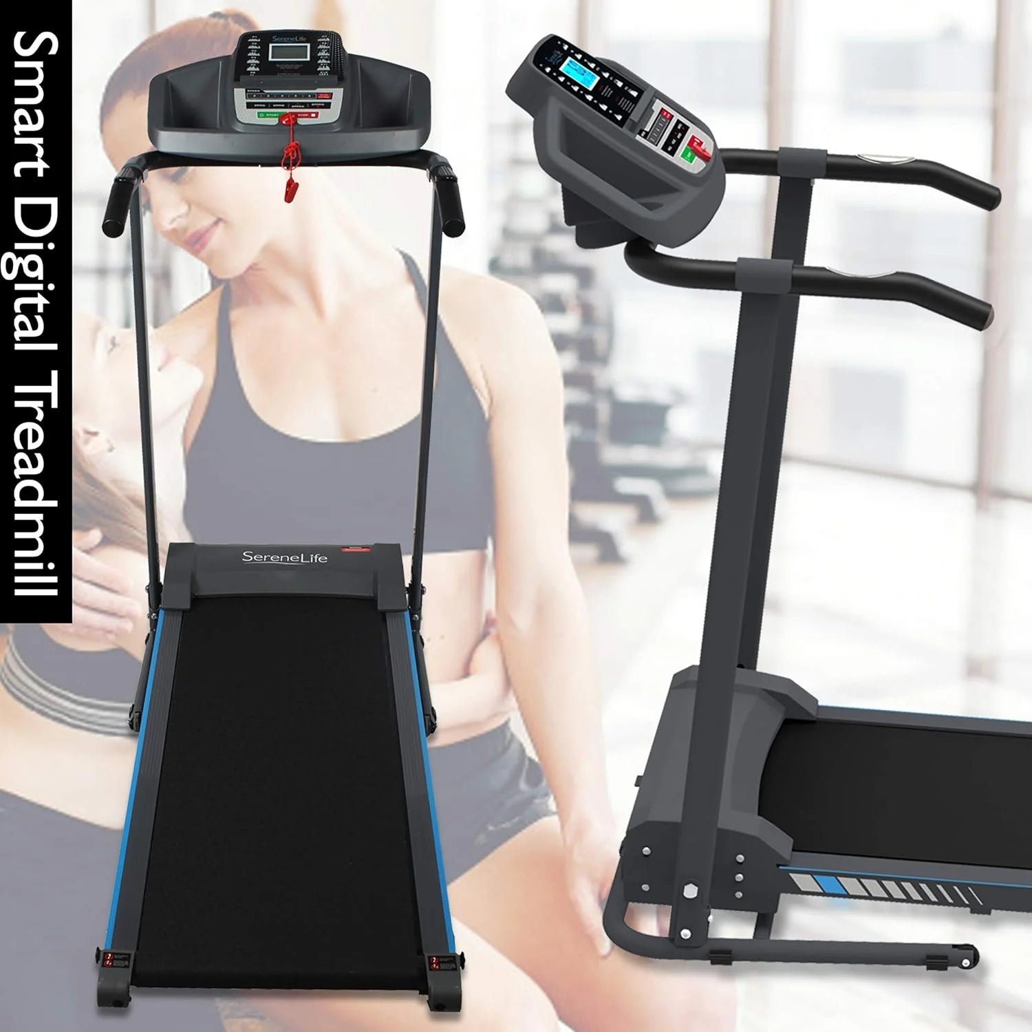 SereneLife Folding Treadmill - Foldable Home Fitness Equipment with LCD for Walking & Running - Cardio Exercise Machine - Preset and Adjustable Programs - Bluetooth Connectivity
