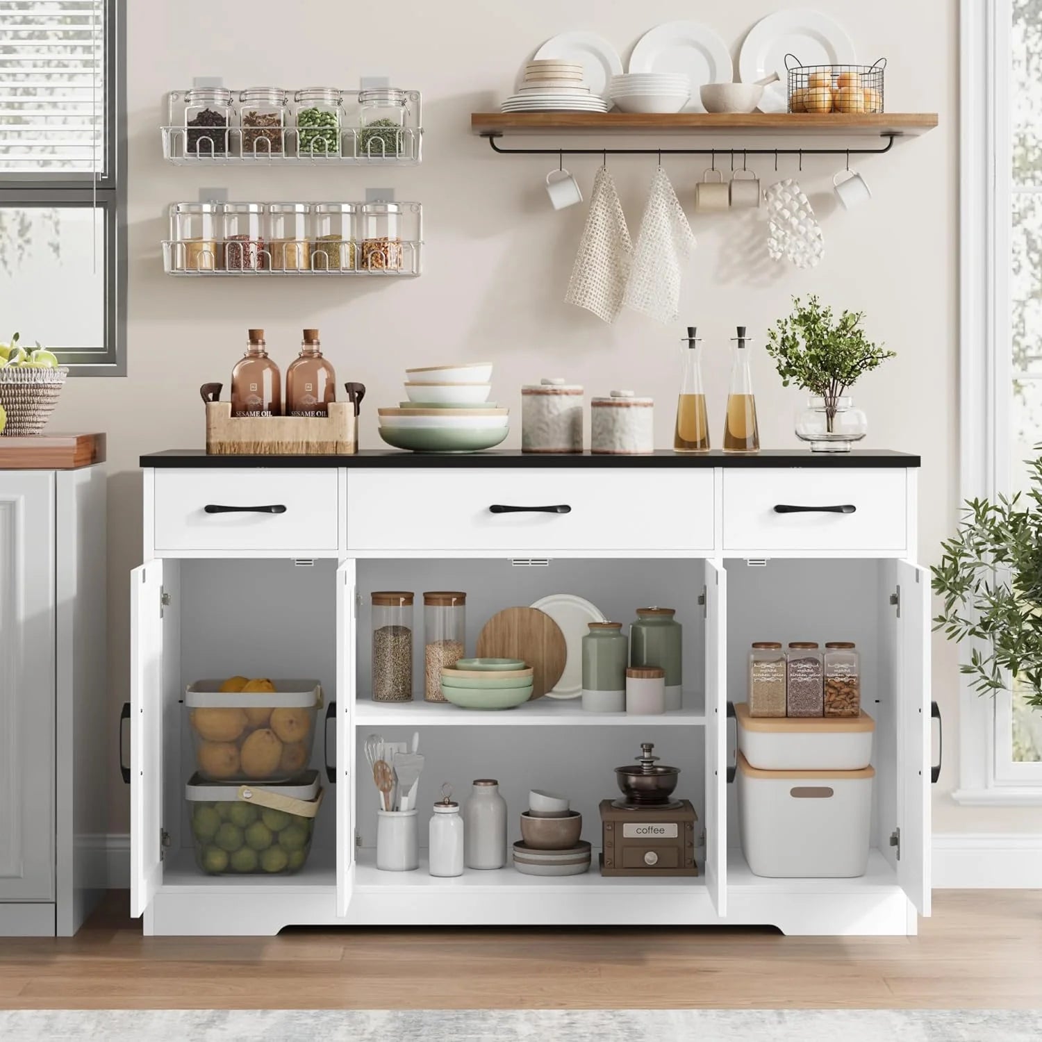 HOSTACK Buffet Cabinet with Drawers, 55" Large Sideboard Buffet Storage Cabinet with Shelves and Doors, Modern Farmhouse Coffee Bar Station Wood Kitchen Table for Kitchen, Dining Room, White/Rustic