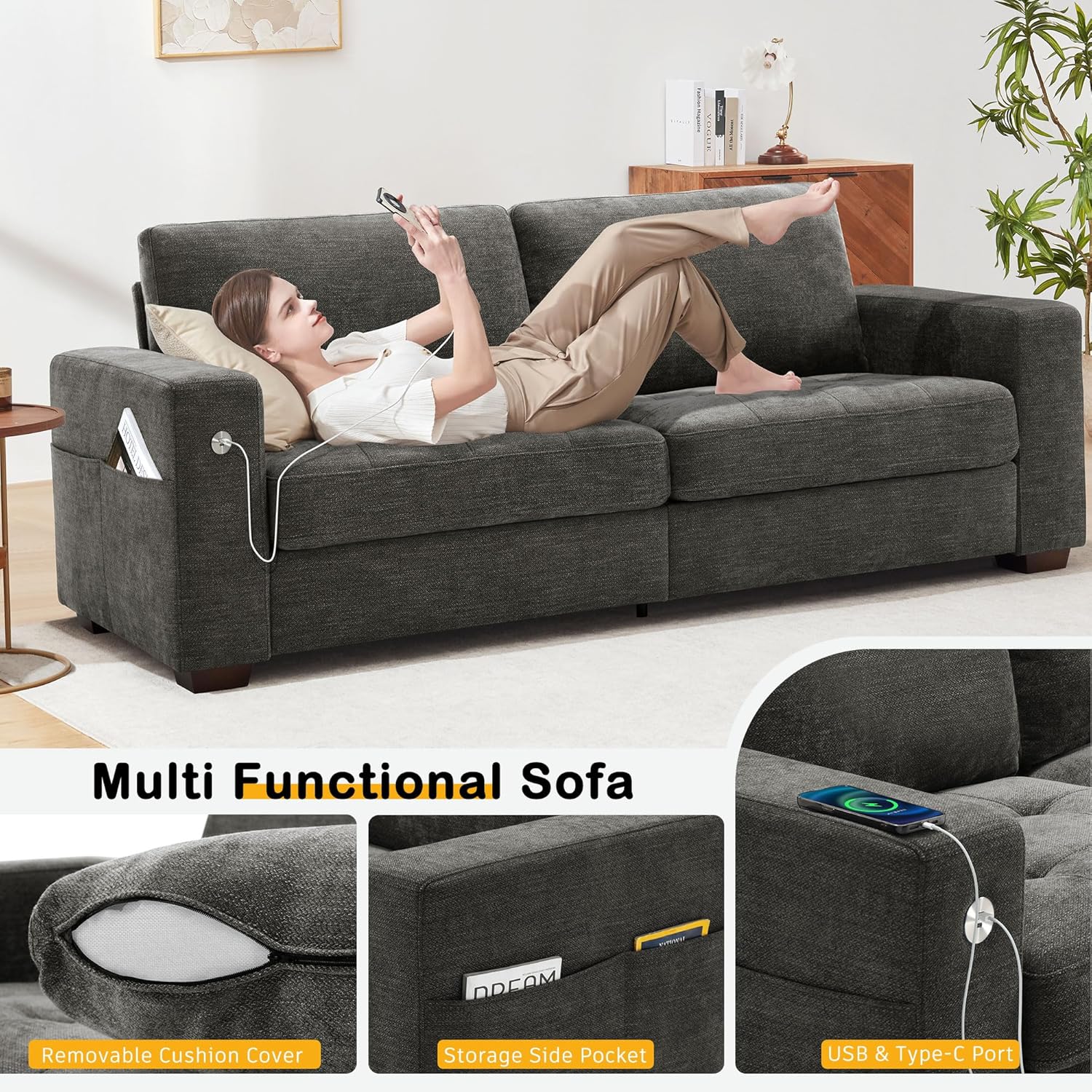Hanherry 89" Sofa for Living Room, Modern Comfy Sofa with Medium Firm Seat Cushion, Removable Cover,Wide Armrest,USB/Type-C Port,Chenille Fabric Couches for Small Space,Apartment