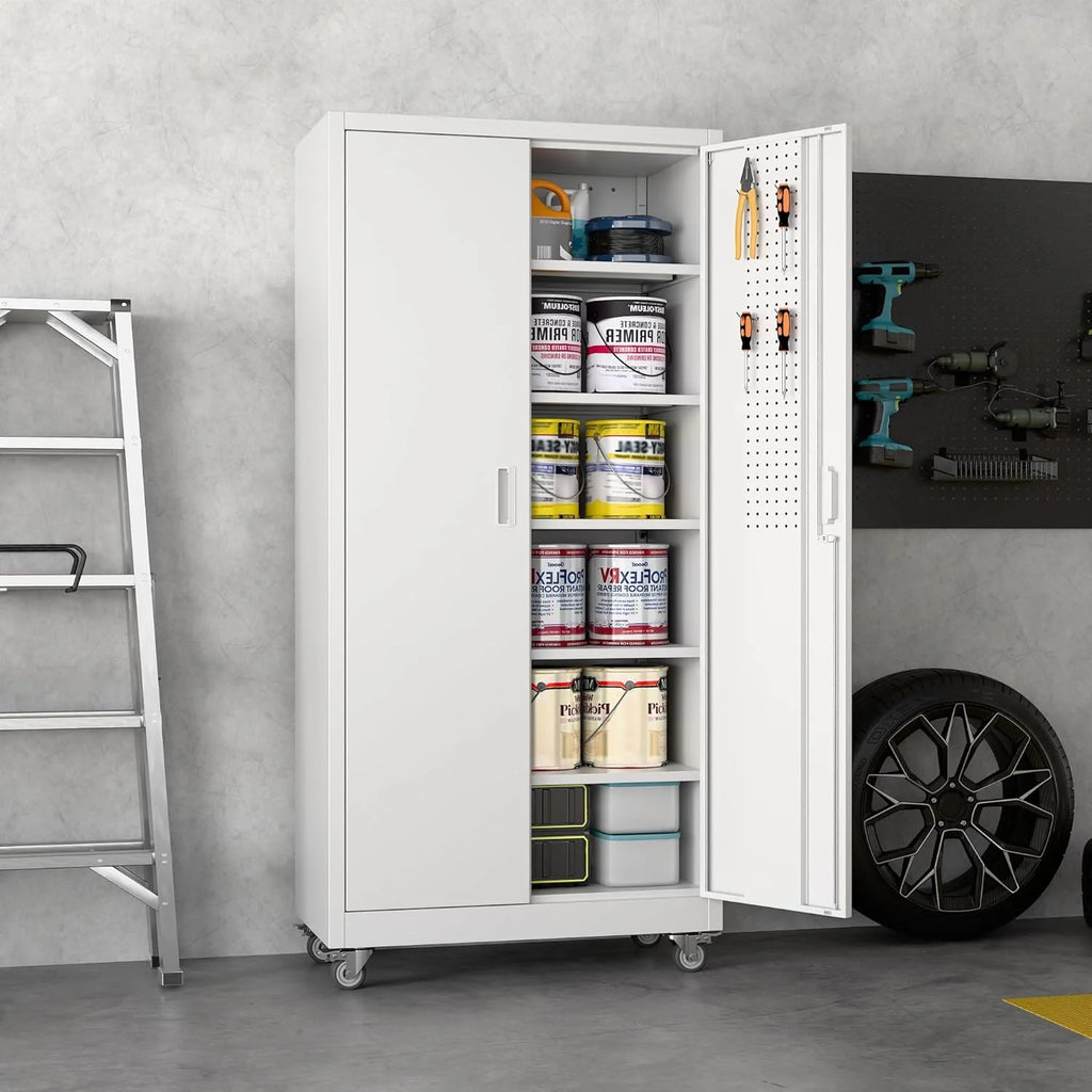 Aobabo 73''H Metal Garage Storage Cabinet with Wheels,Steel Cabinets with 2 Doors and 4 Adjustable Shelves for Home Office,Required Assembly,Black