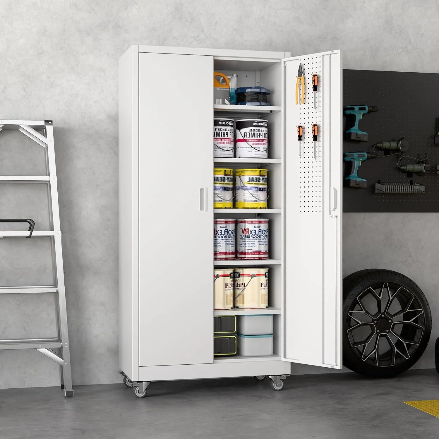 Aobabo 73''H Metal Garage Storage Cabinet with Wheels,Steel Cabinets with 2 Doors and 4 Adjustable Shelves for Home Office,Required Assembly,Black