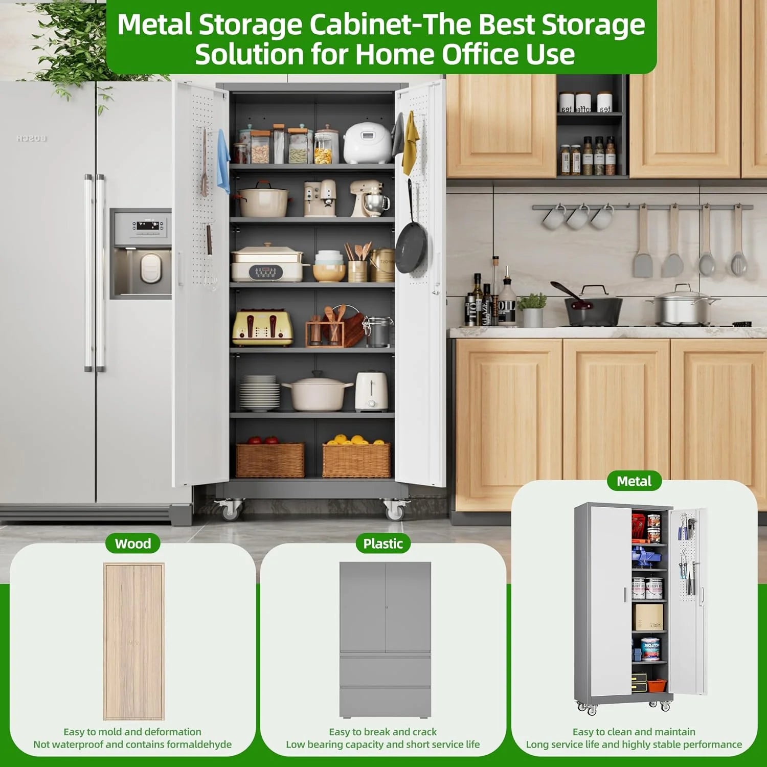 Aobabo 73''H Metal Garage Storage Cabinet with Wheels,Steel Cabinets with 2 Doors and 4 Adjustable Shelves for Home Office,Required Assembly,Black