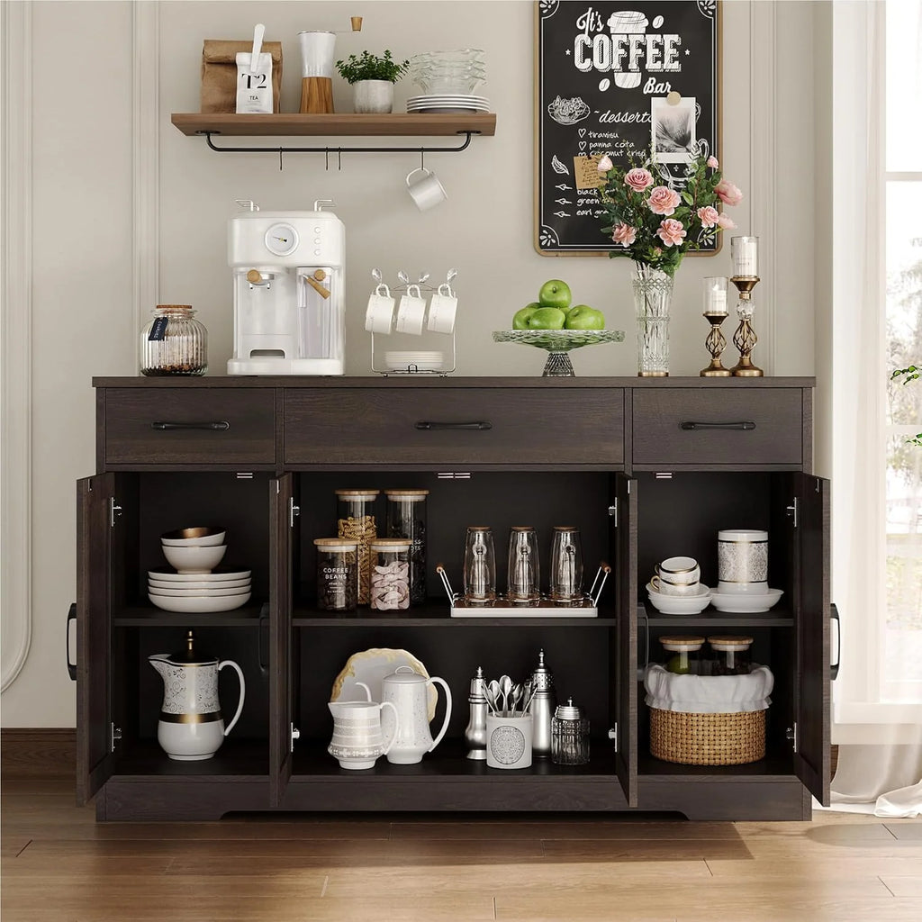 HOSTACK Buffet Cabinet with Drawers, 55" Large Sideboard Buffet Storage Cabinet with Shelves and Doors, Modern Farmhouse Coffee Bar Station Wood Kitchen Table for Kitchen, Dining Room, White/Rustic