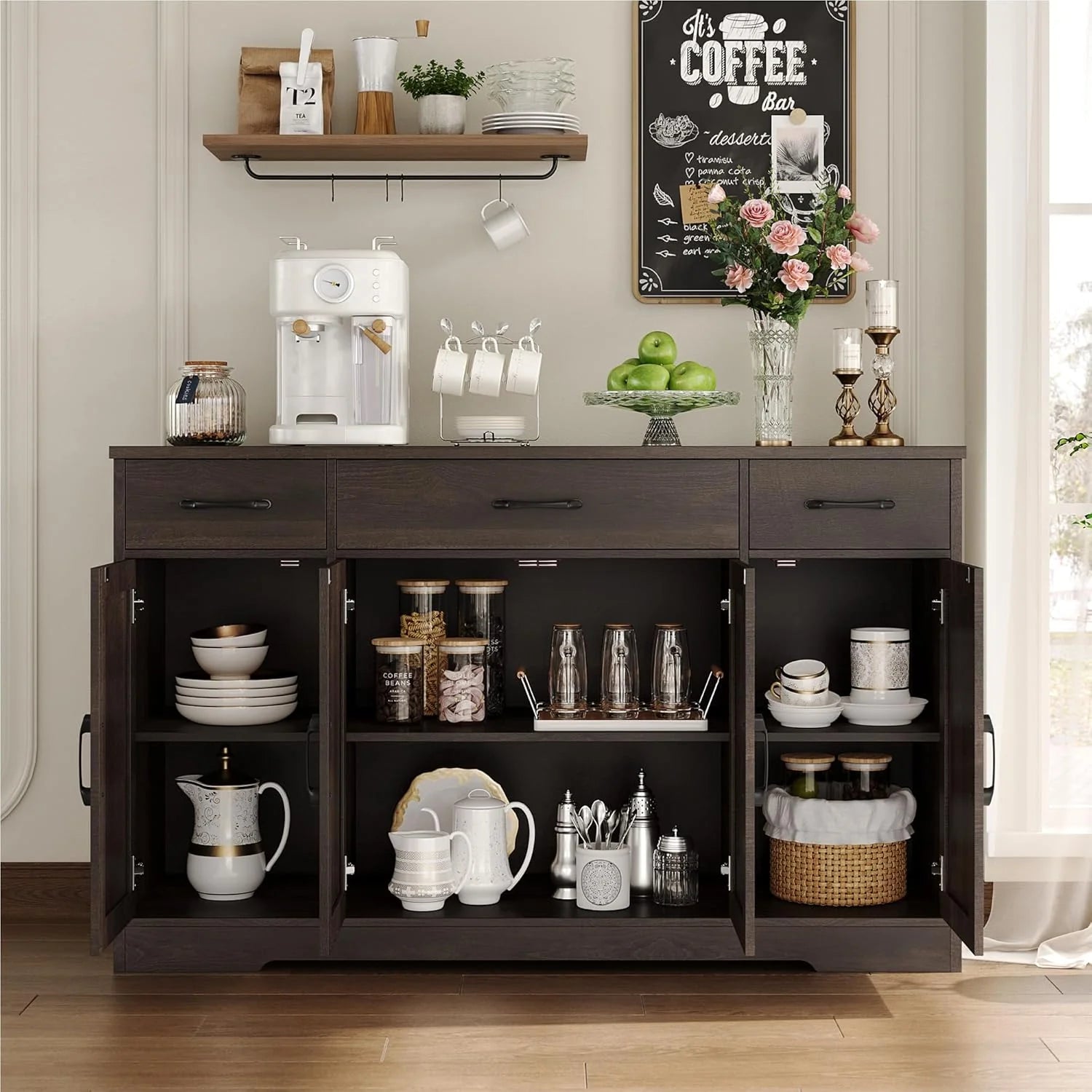 HOSTACK Buffet Cabinet with Drawers, 55" Large Sideboard Buffet Storage Cabinet with Shelves and Doors, Modern Farmhouse Coffee Bar Station Wood Kitchen Table for Kitchen, Dining Room, White/Rustic
