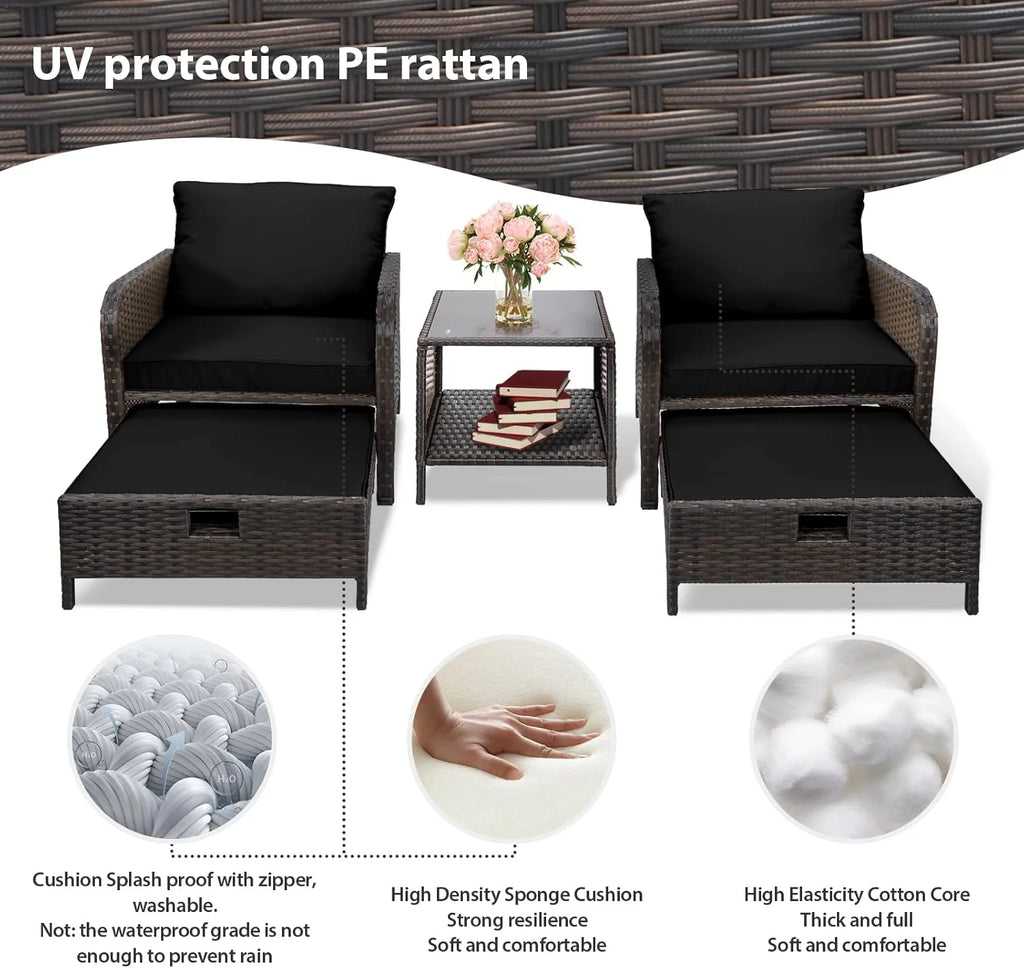 LEVELEVE Balcony Furniture 5 Piece Patio Conversation Set, PE Wicker Rattan Outdoor Lounge Chairs with Soft Cushions 2 Ottoman&Glass Table for Porch, Lawn-Brown Wicker