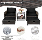 LEVELEVE Balcony Furniture 5 Piece Patio Conversation Set, PE Wicker Rattan Outdoor Lounge Chairs with Soft Cushions 2 Ottoman&Glass Table for Porch, Lawn-Brown Wicker