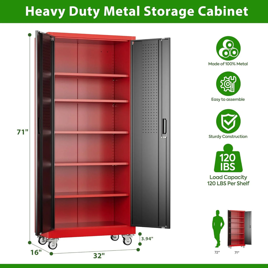 Aobabo 73''H Metal Garage Storage Cabinet with Wheels,Steel Cabinets with 2 Doors and 4 Adjustable Shelves for Home Office,Required Assembly,Black