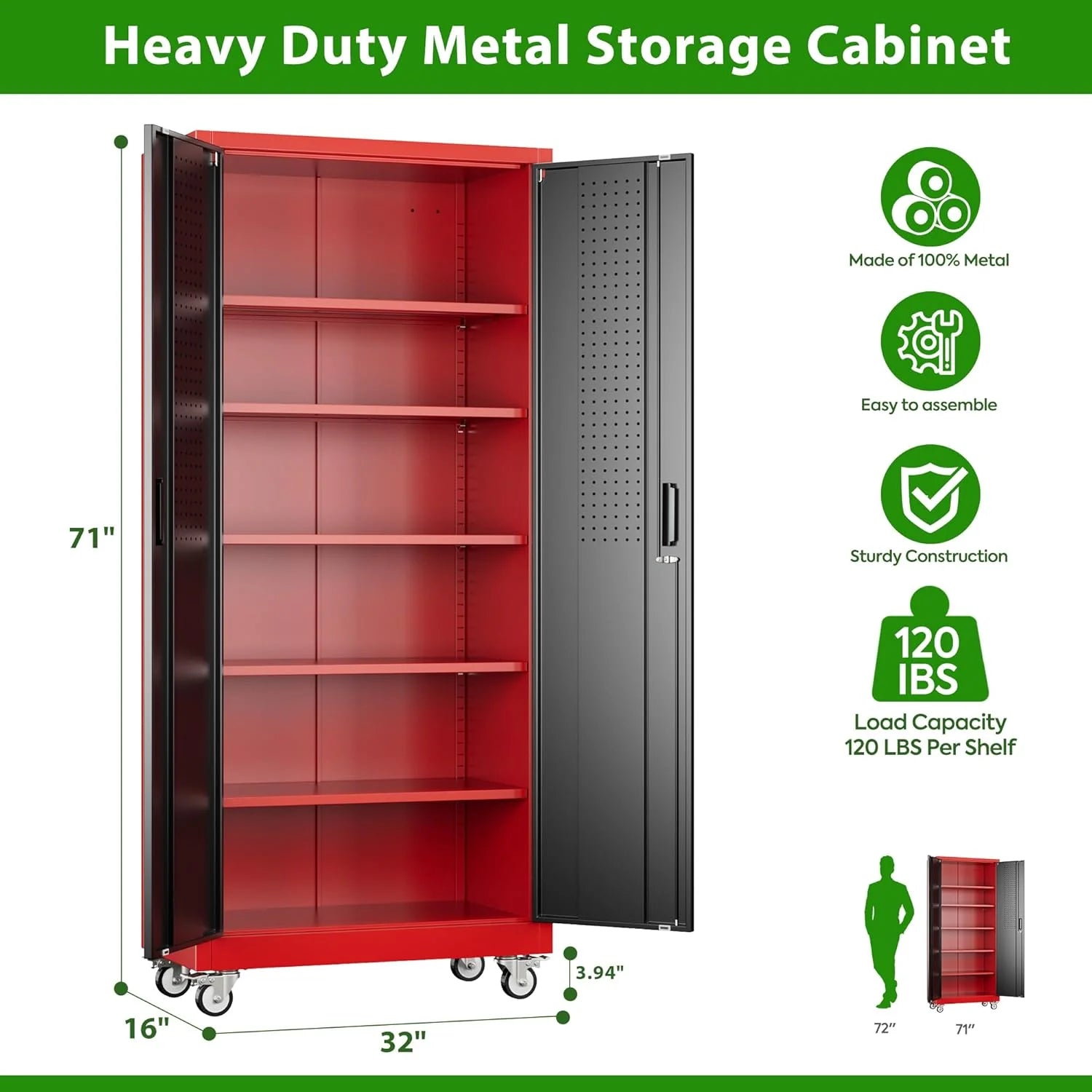 Aobabo 73''H Metal Garage Storage Cabinet with Wheels,Steel Cabinets with 2 Doors and 4 Adjustable Shelves for Home Office,Required Assembly,Black