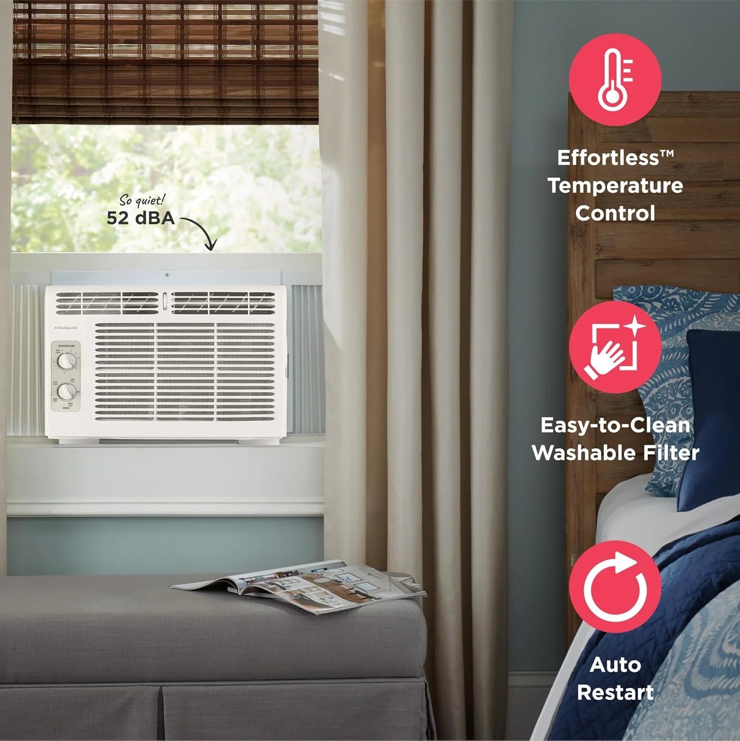 Frigidaire 5,000 BTU Window Air Conditioner with Remote Control, Cools Up to 150 Sq. Ft., Quiet Operation, Eco Mode, 3 Fan Speeds, Auto Restart, White