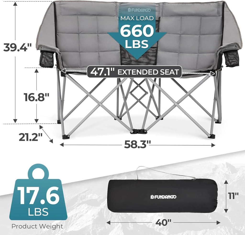Double Camping Chair with Cooler 3-Person Folding Extra Large Camping Chair with 1000-Pound Load Capacity