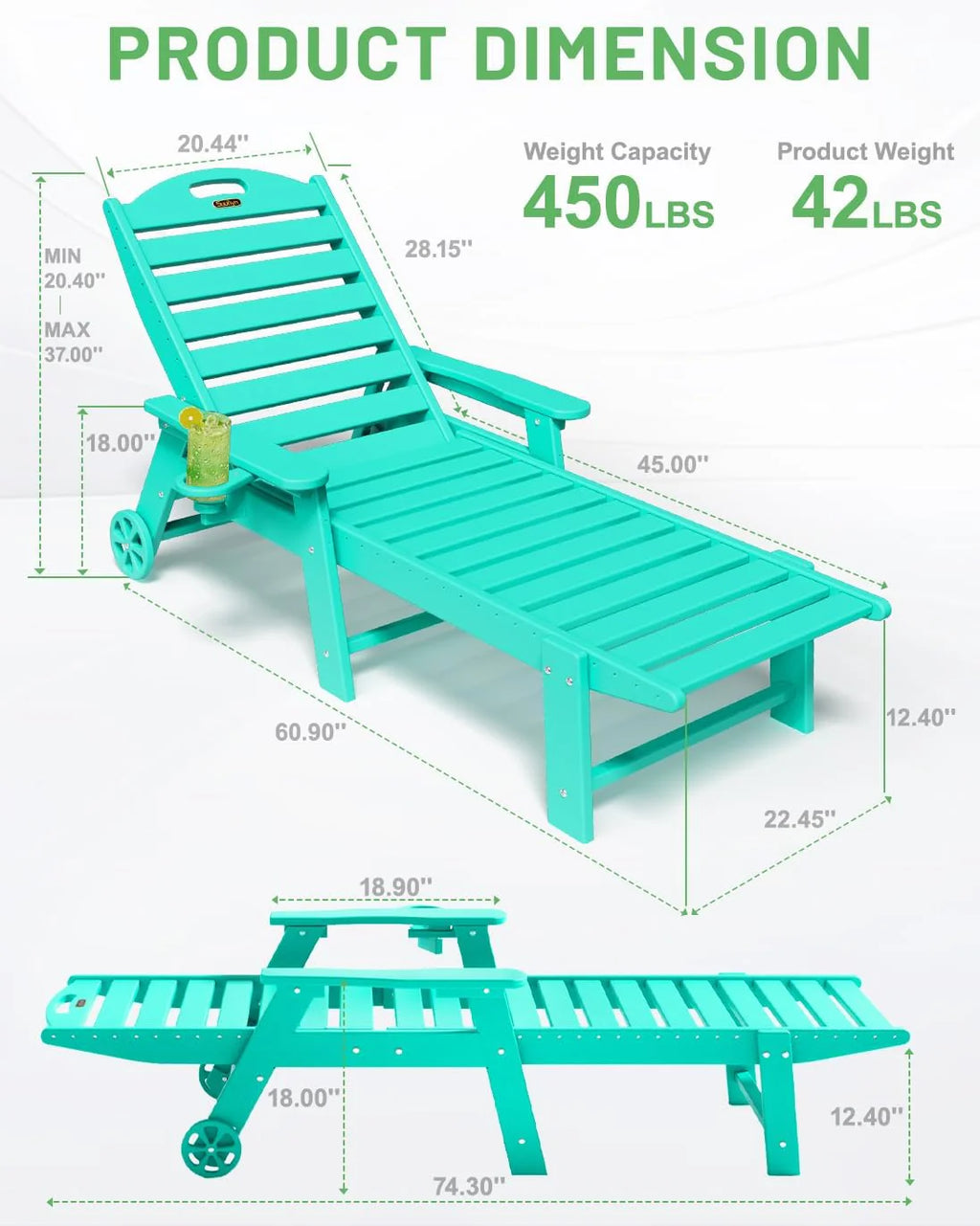 Lounge Chair Outdoor, Chaise Lounge, HDPE 6-Position Outdoor Chaise Lounge, Patio Lounge Chair with Wheels & Cup Holder for Pool Poolside Deck Backyard, Teak