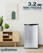 Upstreman 3.2 Cu.Ft Mini Fridge with Freezer, Single Door Mini Fridge, Dorm Fridge, Adjustable Thermostat, Mini Refrigerator for Bedroom, Office, Dorm, Black-BR321