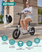 Gotrax adult electric scooter with seat, maximum range of 19-25 miles, all-terrain tires, wide pedals, padded seat, and carrycot