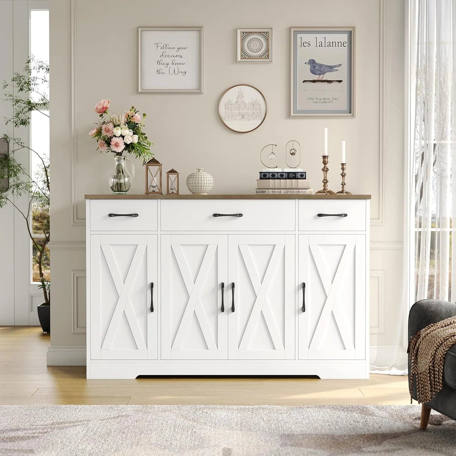 HOSTACK Buffet Cabinet with Drawers, 55" Large Sideboard Buffet Storage Cabinet with Shelves and Doors, Modern Farmhouse Coffee Bar Station Wood Kitchen Table for Kitchen, Dining Room, White/Rustic