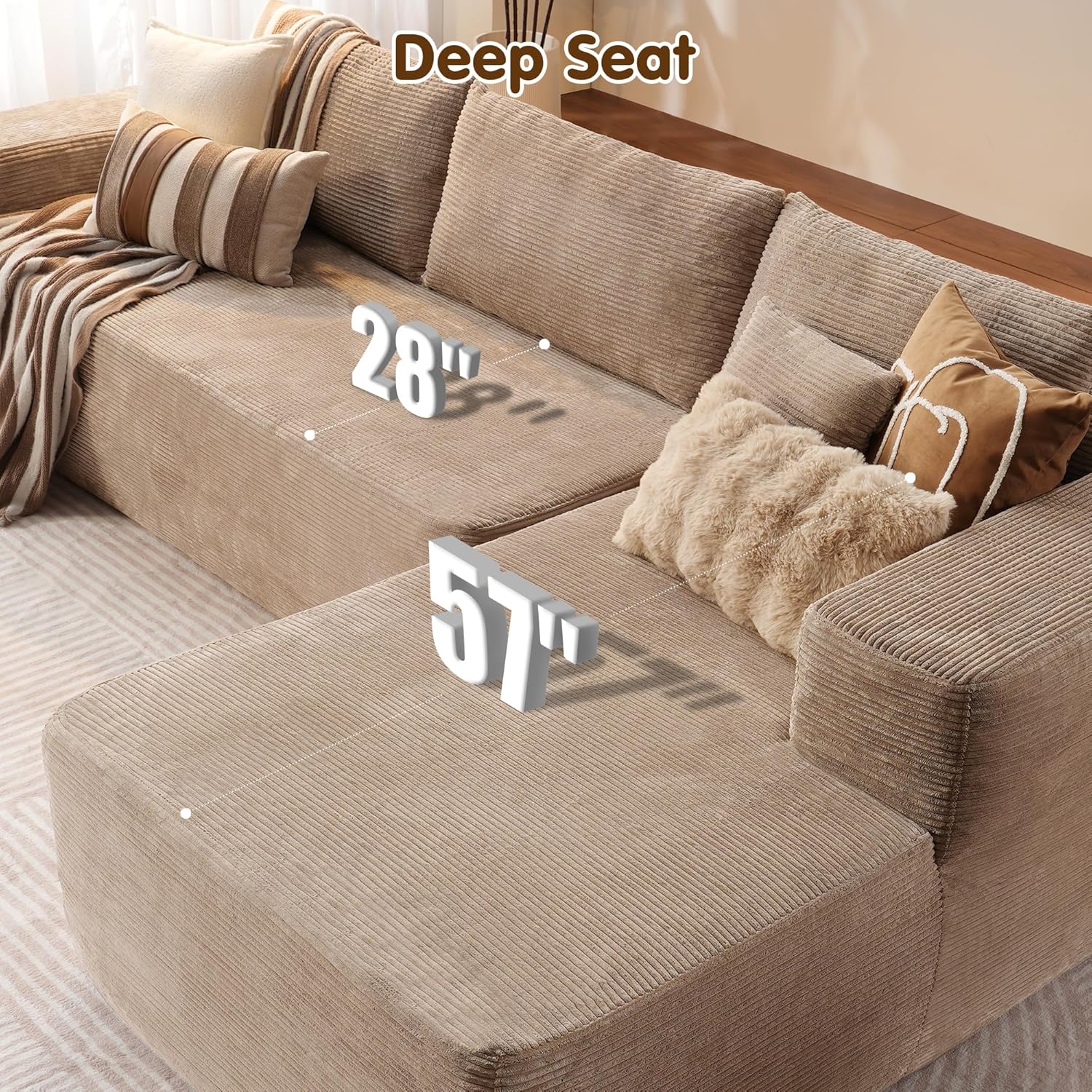 ovios 104" Cloud Sectional Couch with L-Shape Chaise,Modern Modular Sofa with Deep Seat, Upholstered Couches for Living Room Bedroom,No Assembly Required, Grey (Plush Corduroy Fabric)