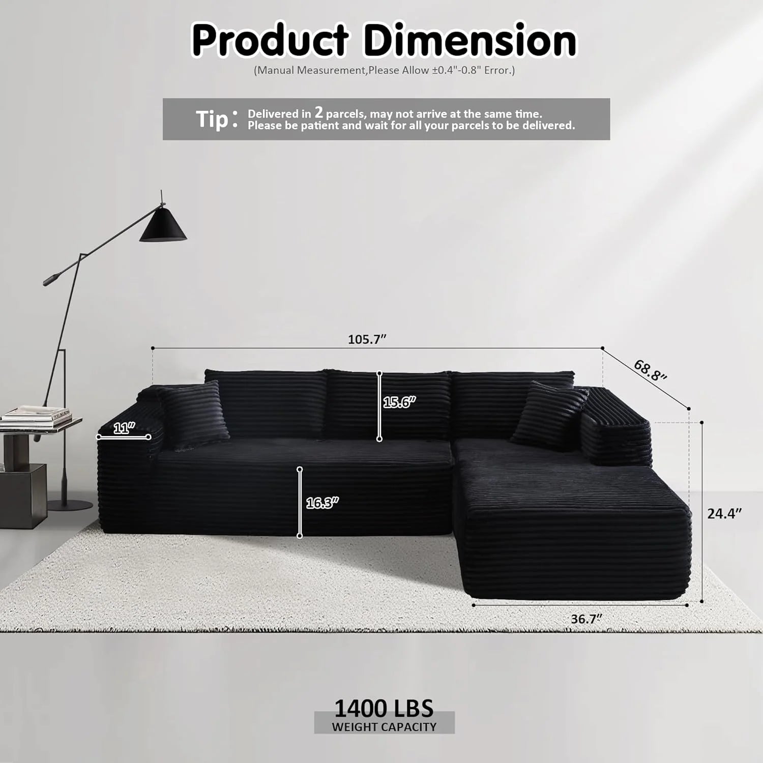 ovios 104" Cloud Sectional Couch with L-Shape Chaise,Modern Modular Sofa with Deep Seat, Upholstered Couches for Living Room Bedroom,No Assembly Required, Black (Corduroy Fabric)
