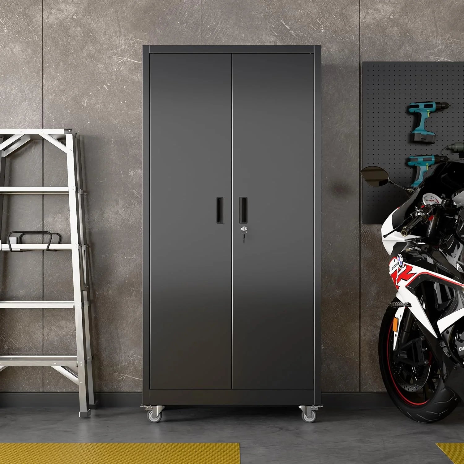 Aobabo 73''H Metal Garage Storage Cabinet with Wheels,Steel Cabinets with 2 Doors and 4 Adjustable Shelves for Home Office,Required Assembly,Black