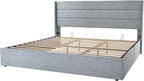 Allewie Queen Size Lift Up Storage Bed, Modern Wingback Headboard, Hydraulic Support, No Box Spring Needed, Light Beige