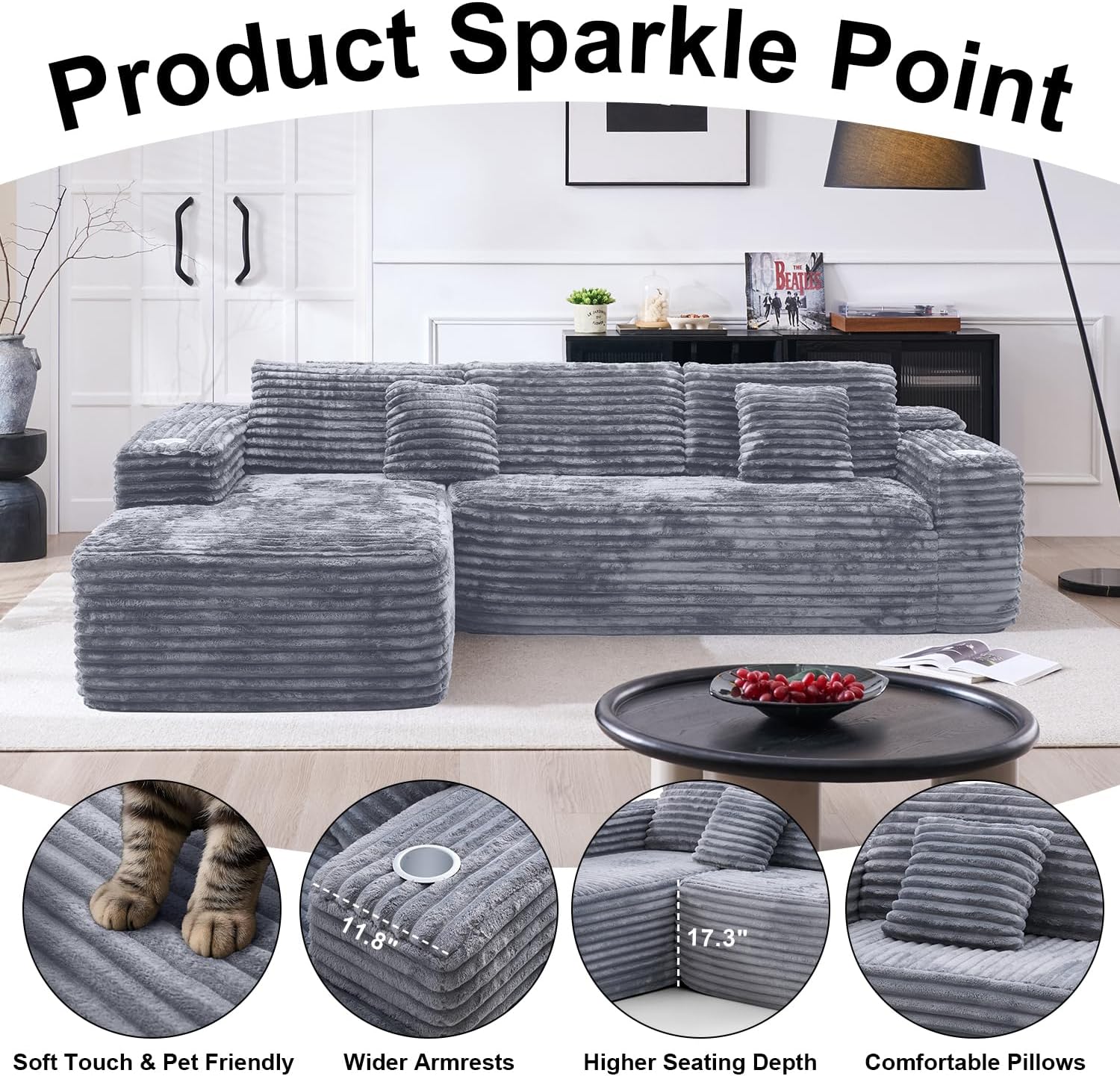 Cloud Sectional Couch with L Shape Chaise Modern Modular Sofa with Deep Seat Built in Cup Holder