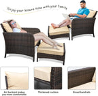 LEVELEVE Balcony Furniture 5 Piece Patio Conversation Set, PE Wicker Rattan Outdoor Lounge Chairs with Soft Cushions 2 Ottoman&Glass Table for Porch, Lawn-Brown Wicker