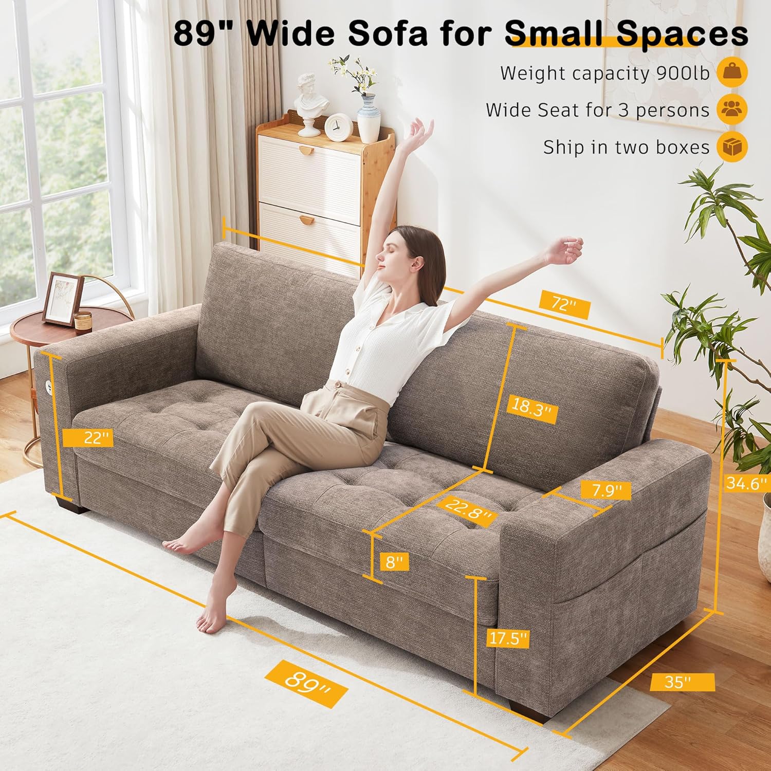 Hanherry 89" Sofa for Living Room, Modern Comfy Sofa with Medium Firm Seat Cushion, Removable Cover,Wide Armrest,USB/Type-C Port,Chenille Fabric Couches for Small Space,Apartment
