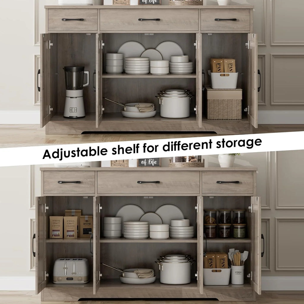 HOSTACK Buffet Cabinet with Drawers, 55" Large Sideboard Buffet Storage Cabinet with Shelves and Doors, Modern Farmhouse Coffee Bar Station Wood Kitchen Table for Kitchen, Dining Room, White/Rustic