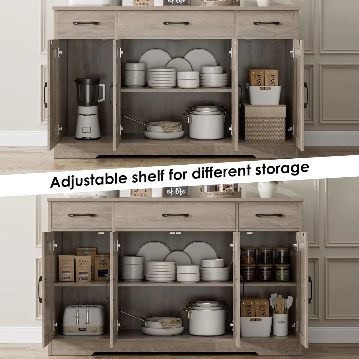 HOSTACK Buffet Cabinet with Drawers, 55" Large Sideboard Buffet Storage Cabinet with Shelves and Doors, Modern Farmhouse Coffee Bar Station Wood Kitchen Table for Kitchen, Dining Room, White/Rustic