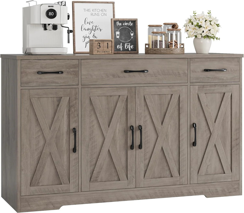 HOSTACK Buffet Cabinet with Drawers, 55" Large Sideboard Buffet Storage Cabinet with Shelves and Doors, Modern Farmhouse Coffee Bar Station Wood Kitchen Table for Kitchen, Dining Room, White/Rustic