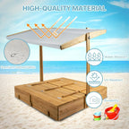 Kids Sandbox with Lid Wooden Sand Box Cover Outdoor UV-Protection Natural Wood Foldable Bench Seat