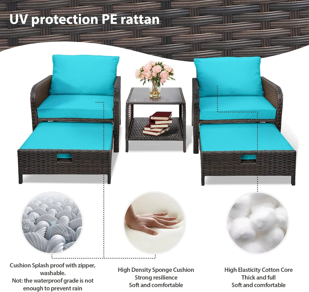 LEVELEVE Balcony Furniture 5 Piece Patio Conversation Set, PE Wicker Rattan Outdoor Lounge Chairs with Soft Cushions 2 Ottoman&Glass Table for Porch, Lawn-Brown Wicker