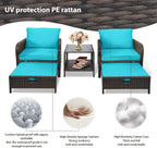LEVELEVE Balcony Furniture 5 Piece Patio Conversation Set, PE Wicker Rattan Outdoor Lounge Chairs with Soft Cushions 2 Ottoman&Glass Table for Porch, Lawn-Brown Wicker