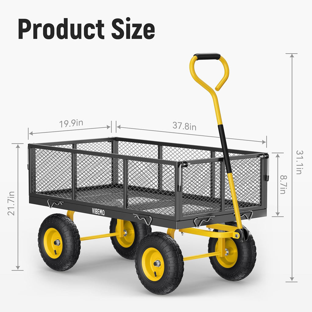 Steel Garden Cart, 2-in-1 1400 lbs Heavy Duty Utility Wagon, with Removable Mesh Sides to Convert into Flatbed, 240�� U-Turn 13" Pneumatic Tires Garden Wagon for Farm Yard Lawn Garden Camping